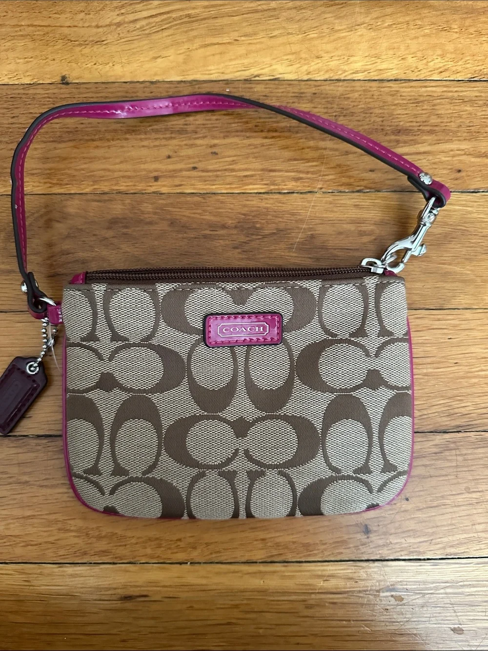 Coach Beige Signature Canvas Wristlet with Pink Trim